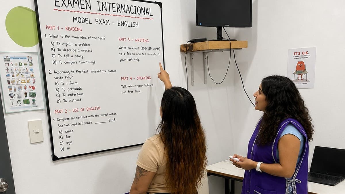 Docente corrigiendo un ejercicio de gramática en el pizarrón junto a una colega