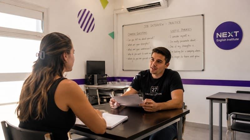 Simulación de entrevista laboral en inglés entre estudiante y profesor en el aula de Next English Institute