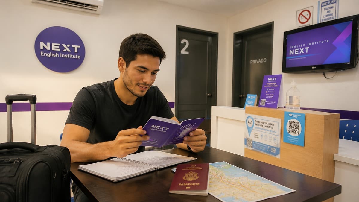 Persona practicando frases de inglés para viajar con valija, pasaporte y mapa